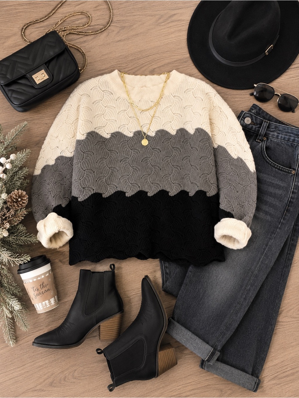 ANDREE BY UNIT Colorblock Cable Knit Sweater - Cream, Gray, Black